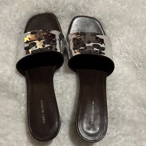 Tory Burch Metallic Silver Slide Sandals